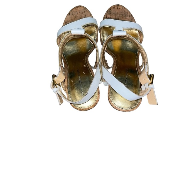 Y2K Tommy Hilfiger block heels sandals vintage retro cork leather white gold 7 - Picture 3 of 6